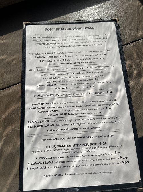 Menu  at Point Prim Chowder House in Belfast