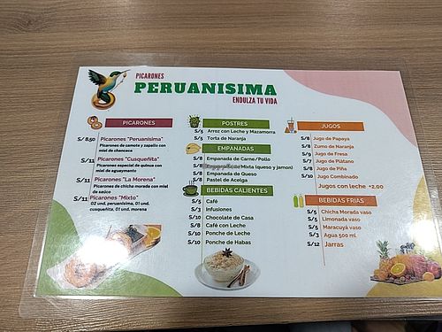 Menu at Picarones Peruanisima in Cuzco