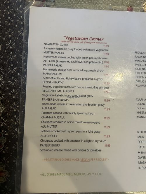Veggie menu  at Star of India in Athens