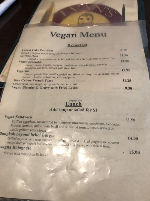Regular vegan menu you have to ask for at Evan's Kitchen in Sacramento