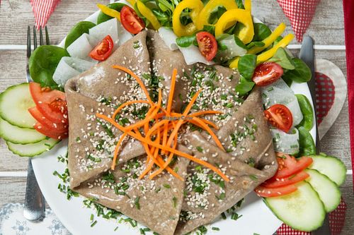 A salty pancake ( unfortunately not vegan) always with lots of fresh vegetables. at Nostalgia in Dolny Kubin