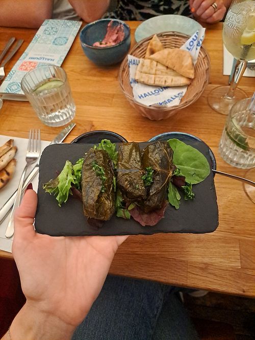 Dolmades served on leaves instead of yoghurt (must specify vegan) at Halloumi Glasgow in Scotland