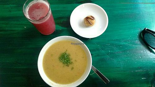 First .... soup, juice and tiny dessert at Prasada in Bogota