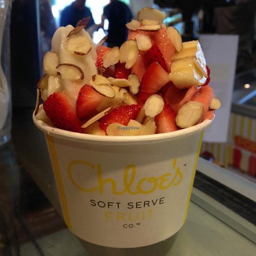 banana and strawberry SSF with almonds, strawberries and banana pieces! at Chloe's Soft Serve Fruit in Water Mill