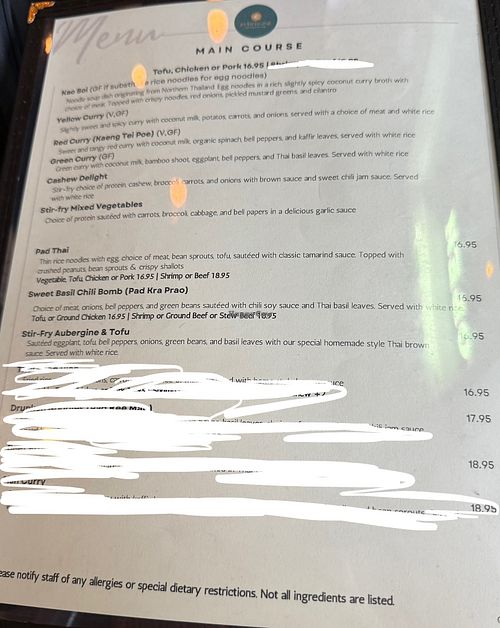 Main course menu  at Aubergine in St Louis