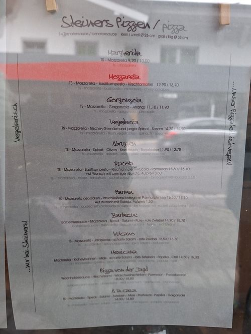Pizza menu at Steiners in Sachsen