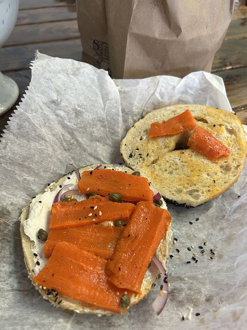 Carrot lox with vegan cream cheesee  at Balena Bagels in Pittsburgh