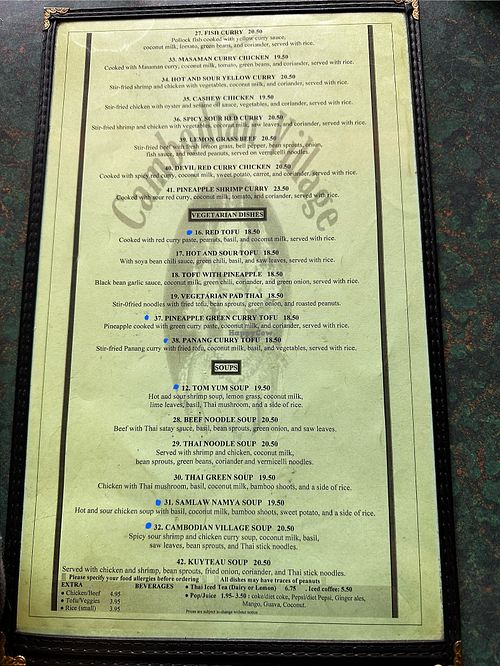 Every dish with a blue dot can be made vegan!  at Cambodian Village Restaurant in Kingston