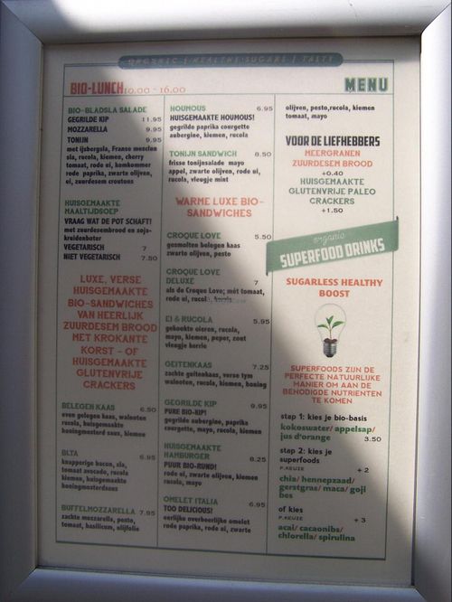 Example menu 2014 at Sugarless in Amsterdam