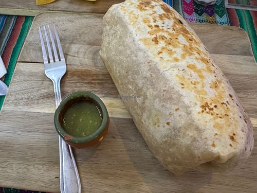 Veggie Burrito (vegan) with fork for scale! at Mas Amor in Chico