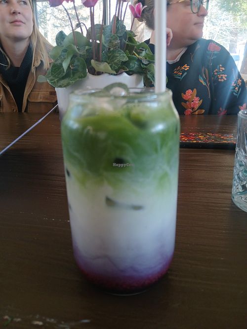 Blueberry matcha latte at Sorensen's Glasshouse and Gardens in Leura