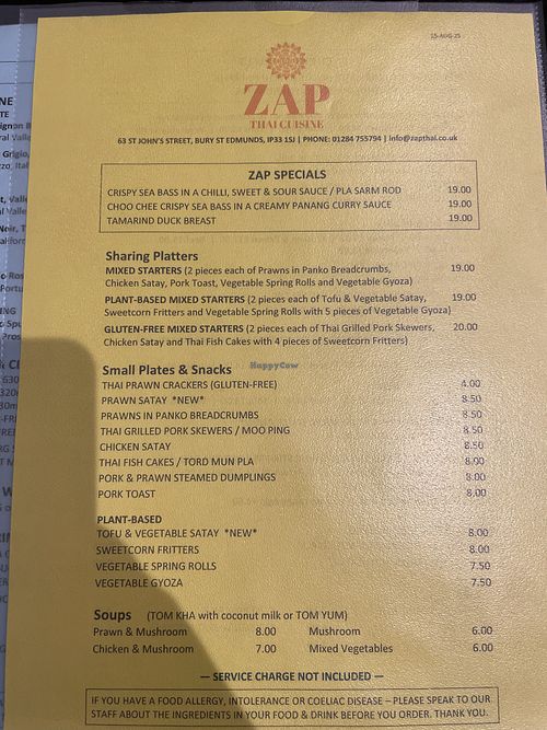 Menu - August 2025  at Zap in Bury St Edmunds