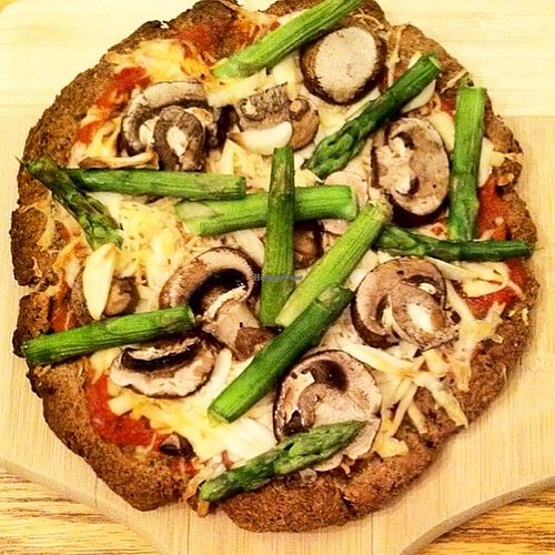 Asparagus Mushroom Wheat-free Personal Pizza. Iss' Magic Mixes crust, only at the Oatmeal Café at Iss' Magic Mixes Oatmeal Cafe in Mesa