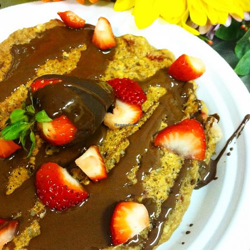 Saturday Special Pancakes for Valentines Day. Chocolate Covered Strawberry. Whole grain pancakes using Iss' Magic Mixes & grilled to perfection at Iss' Magic Mixes Oatmeal Cafe in Mesa