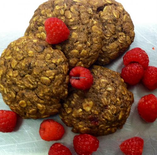Oatmeal Raspberry Chocolate Chip cookies, with chia, flax, almond meal, Ceylon cinnamon, Himalayan pink salt, coconut palm sugar & organic rolled oats. All vegan, and made fresh daily. The shop always smells so good first thing in the morning. at Iss' Magic Mixes Oatmeal Cafe in Mesa