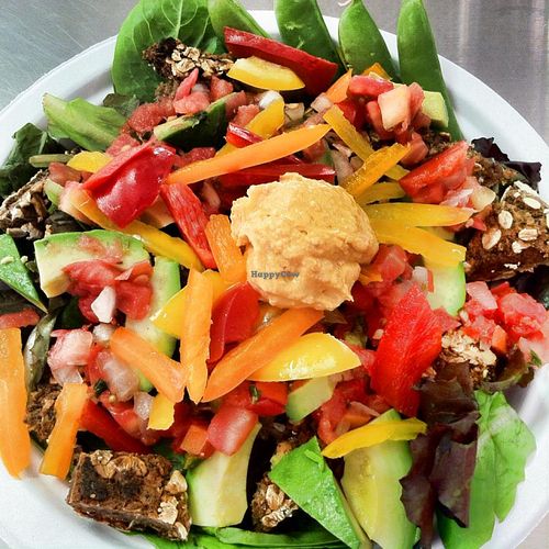Any burger can be made into a salad. The Mexicali is an oatmeal black bean & green chili patty with pico de gillo and avocado. The salad has this, minus the bun and on a plate of baby greens. at Iss' Magic Mixes Oatmeal Cafe in Mesa