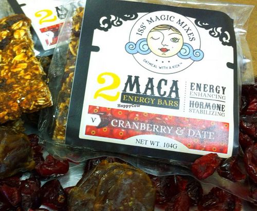Iss' Magic Mixes make maca energy bars from the mix, with unsweetened applesauce and dried fruits. very filling and give you a nice energy boost and is hormone stabilizing at Iss' Magic Mixes Oatmeal Cafe in Mesa