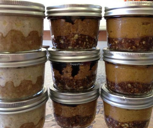 Raw dessert cups all made with Iss' Magic Mixes-Raw Pecan & Date Crusts, fresh nuts butters, coconut oil and organic Dutch Coco Powder & Organic Grade B Maple Syrup. If you bring back your cup-you get $0.50 off your next order at Iss' Magic Mixes Oatmeal Cafe in Mesa