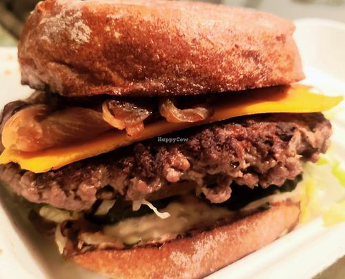 Impossible Lounge Burger with vegan cheese and carmelized onions at Burger Lounge in Roseville