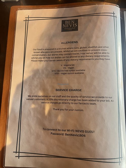 Menu  at The Ben Nevis Bar & Restaurant in Fort William