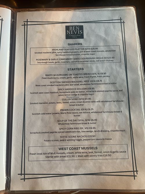 Menu  at The Ben Nevis Bar & Restaurant in Fort William
