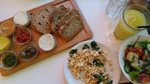 Breakfast with scrambled tofu  at Anastasia in Tel Aviv