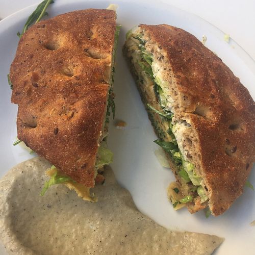 chickpea omelet with vegan labane sour cheese and eggplant on the side. Amazing at Anastasia in Tel Aviv