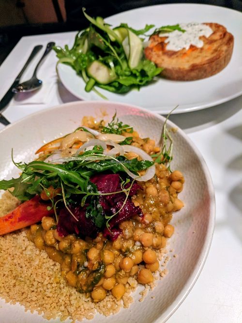 Chickpea and squash stew and the Sweet potato quiche. Both very nice! at Anastasia in Tel Aviv