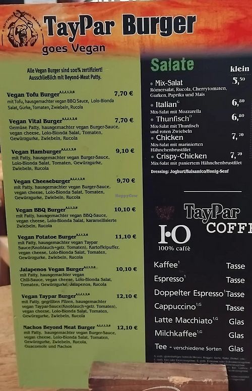 Vegan menu on the left   at Taypar Burger in Berlin