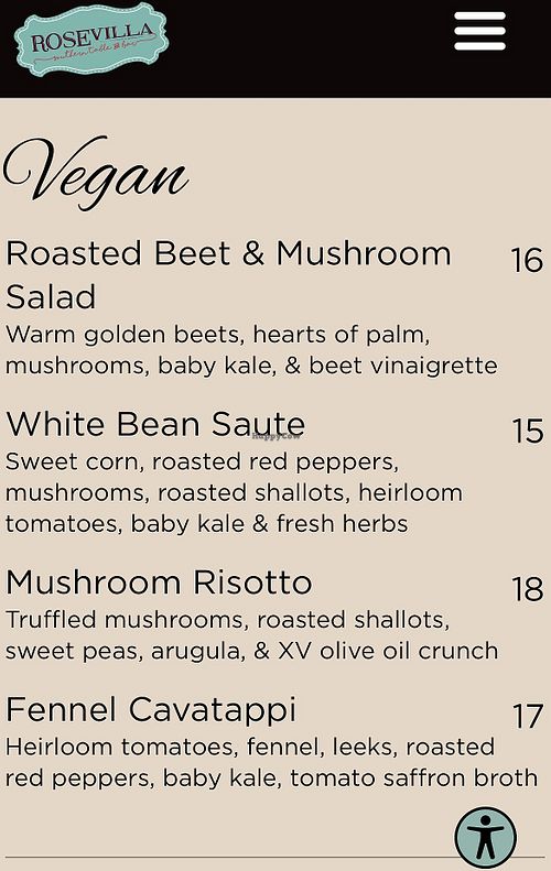 Vegan Menu  at Rose Villa Southern Table & Bar in Ormond Beach
