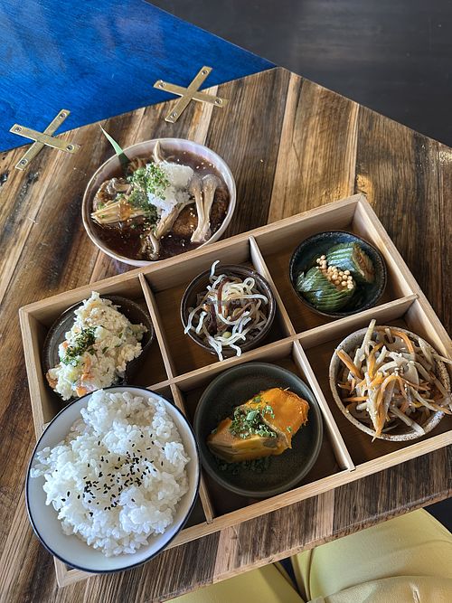 This is the vegan bento set with mushrooms. You can select up to 5 side dishes from the options available.  at Obanzai Mama in Fitzroy