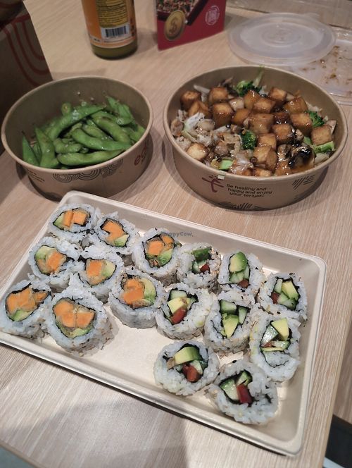 Sushi and crispy tofu with edamame at Edo Japan in Kamloops