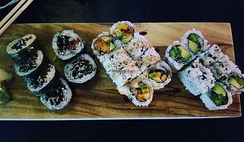 Left is a carrot and seaweed roll, middle is a sweet potato and avocado roll, right is an avocado, cucumber, and asparagus roll ❤ at Tsunami Sushi in Sarasota