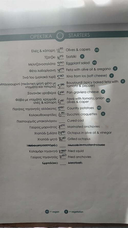 Starter menu at DAL CAPO del porto in Karavostasis