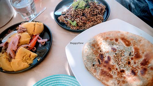Fava, lentil salad and vegetable pie. at DAL CAPO del porto in Karavostasis
