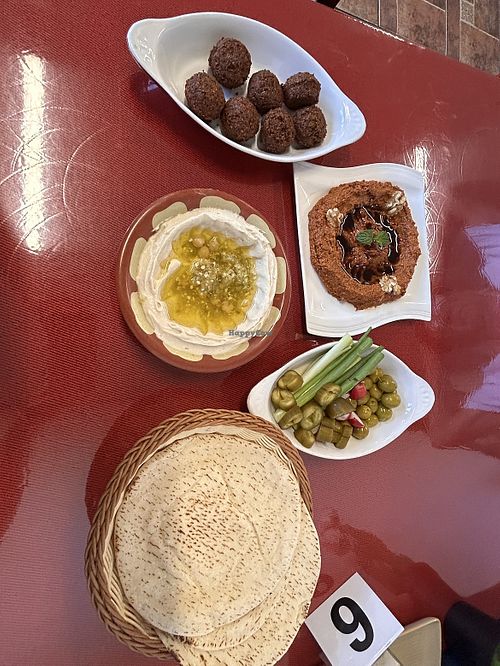 falafel, hummus, muhammara, and pita  at Al Baraka Restaurant in Anaheim