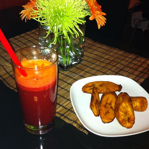 plantain and carrot and beetroot juice at Fi Real in Bristol