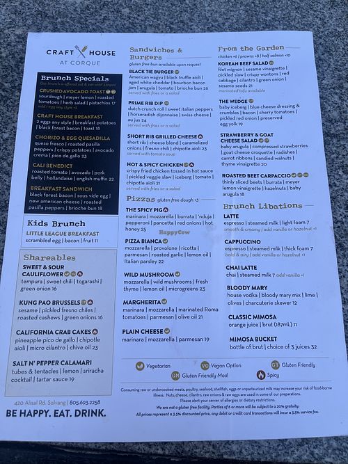 Vegan Options marked with VO on menu  at Craft House at Corque in Solvang