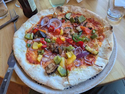 Ortalana pizza with vegan cheese at Al Bivio Hornbeam Park in Harrogate