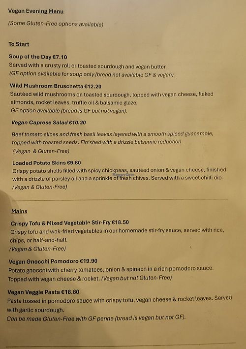 Evening menu at The Narrow Quarter Bistro & Coffeehouse in County Donegal