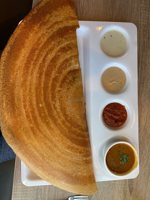 Paper masala dosa (cooked in OIL not ghee, must request )  at My Roti Place/My Dosa Place in London
