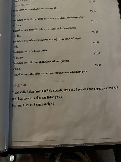 Pizza bases are vegan   at Gabriele's Italian Pizzeria in Swakopmund