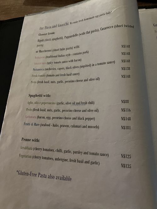 Vegan pasta options  at Gabriele's Italian Pizzeria in Swakopmund