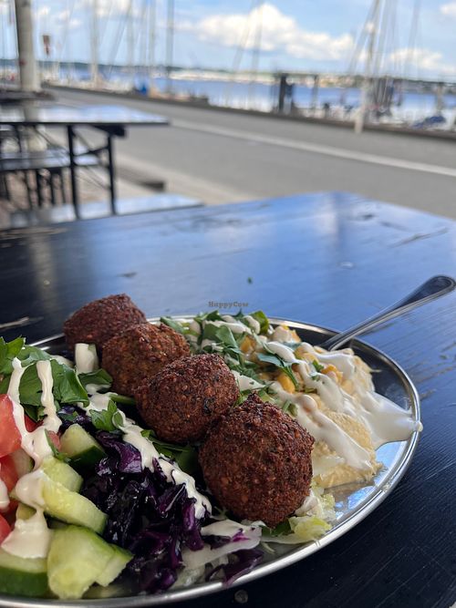 Falafel plate with salad, hummus and tahini sauce at Falafel Fabrik - Seeburg in Kiel