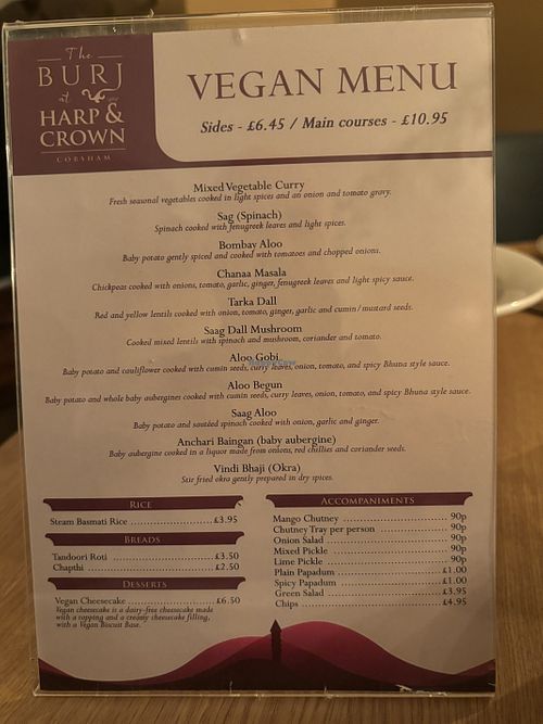 Vegan menu  at The Burj at Harp & Crown (Corsham) in Corsham