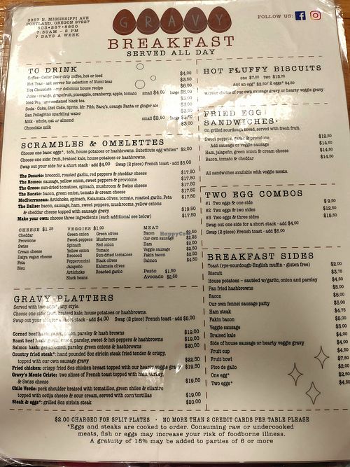 Menu (as of September 2025) at Gravy in Portland