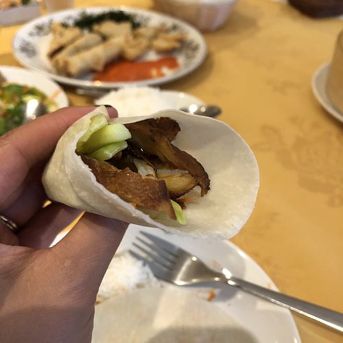 Crispy mock duck pancakes and hoi sin sauce at Lotus Plant Based Kitchen in Manchester