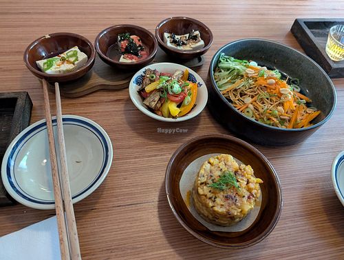 Tofu selection, soba noodle salad, eggplant salad and potato salad at Dot Tea Bar - 一点茶寮 in Berlin