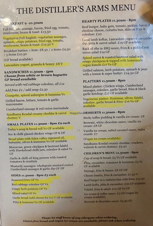  Vegan and veggie items highlighted  at The Distiller’s Arms in England