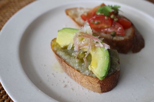 The restaurant’s signature bruschetta, featuring fresh seasonal vegetables at PLANT KITCHEN TOKYO - プラントキッチン東京 in Tokyo
